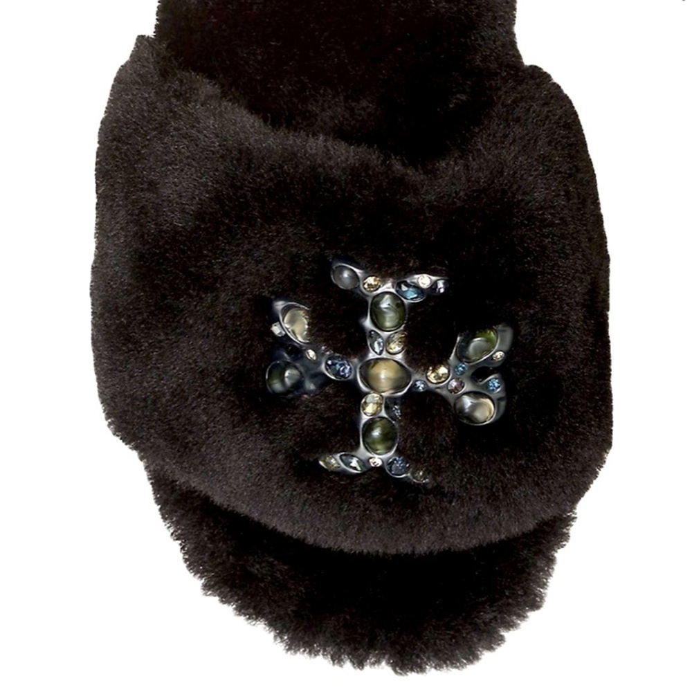 Tory Burch NWT Double T black shearling jeweled slides SZ 6.5M - Picture 2 of 10